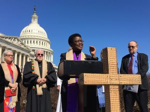 Rev. Barbara Williams-Skinner speaks during a demonstration by Christian leaders opposing President Trump’s proposed budget at the U.S. Capitol on March 29, 2017.  RNS photo by Lauren Markoe